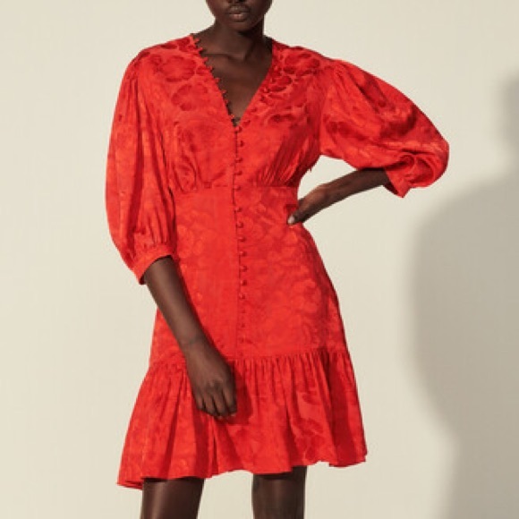 Sandro Azelie Red Floral Jacquard Silk Blend Dress Cropped Puff Sleeves V-Neck 0 - Picture 9 of 12